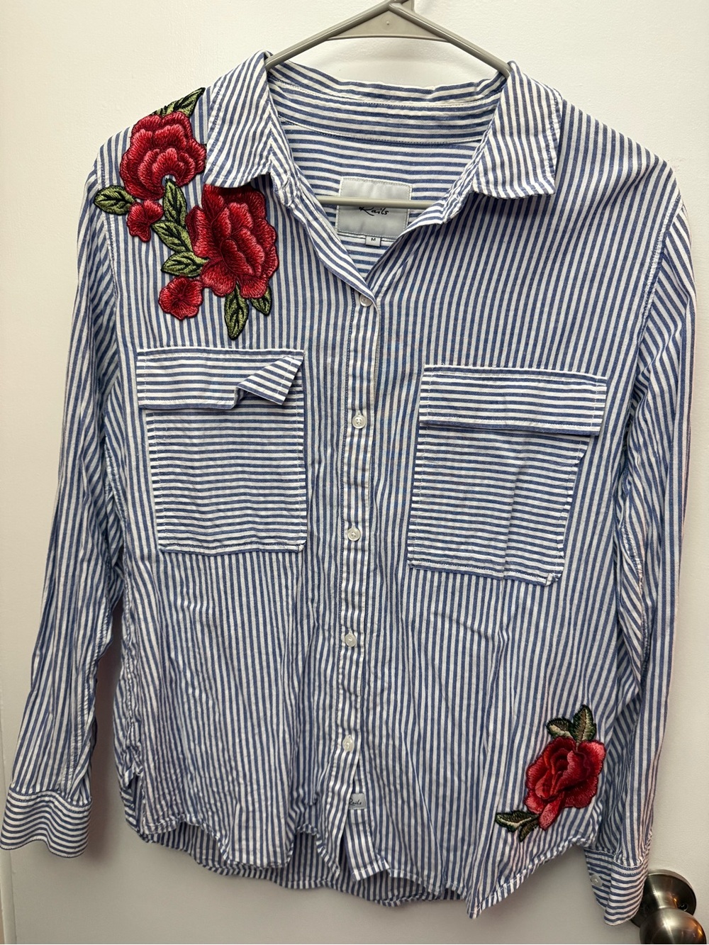 Rails Frances Banker Striped Button-Down Shirt with Red Rose Appliqués
